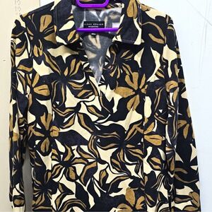 Susan Graver Weekend Womens M Floral Long Sleeve Collared Pullover Top Black Tan